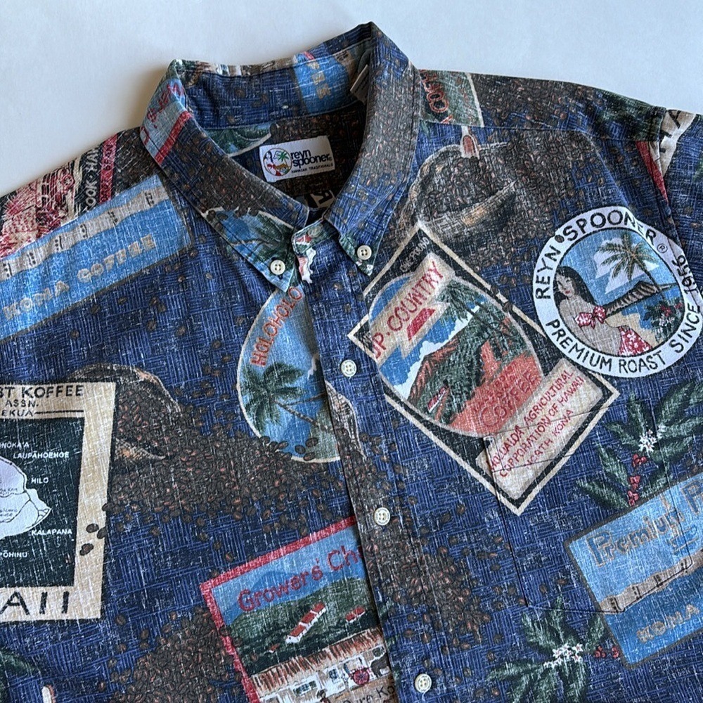 Rare Reyn Spooner Kona Coffee Blue Hawaiian Reverse‎ Print Shirt Cotton Mens XL